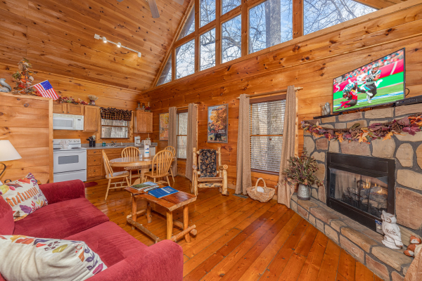 Living room with fireplace & TV at Fallin' in Love, a 1 bedroom cabin rental located in Gatlinburg