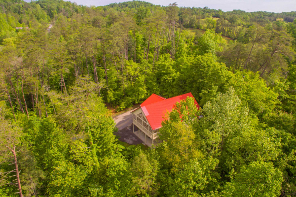Looking down at the cabin in the woods at Bearly in the Mountains, a 5 bedroom cabin rental located in Pigeon Forge