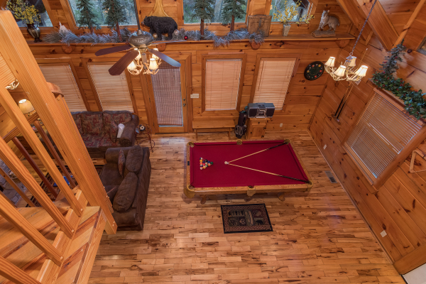 overhead view of the pool table at always & forever a 1 bedroom cabin rental located in pigeon forge