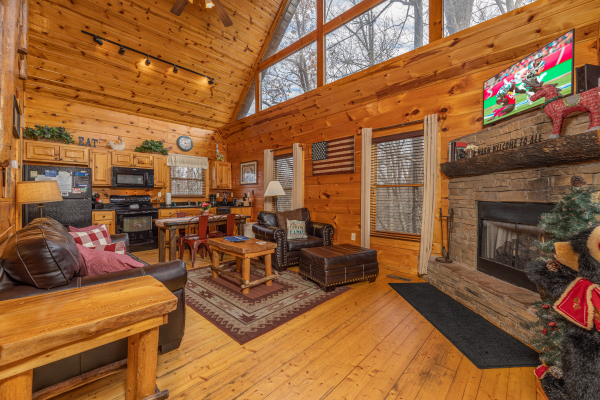 Fireplace, TV, and seating in the living room at Dragonfly, a 2 bedroom cabin rental located in Gatlinburg