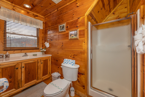 Bathroom with a shower stall at Dragonfly, a 2 bedroom cabin rental located in Gatlinburg