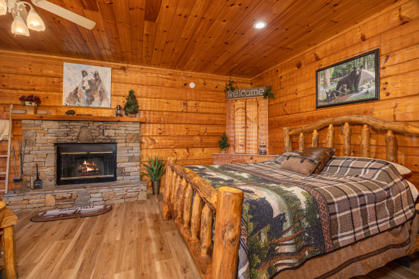 Log bedroom amenities at Mountain Magic, a 1 bedroom cabin rental located in Pigeon Forge