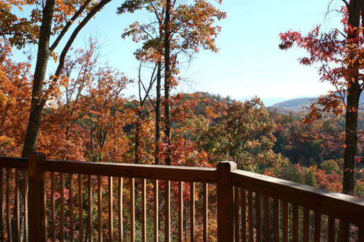 deck banister overlooking fall foilage from alpine romance a 2 bedroom cabin rental located in pigeon forge