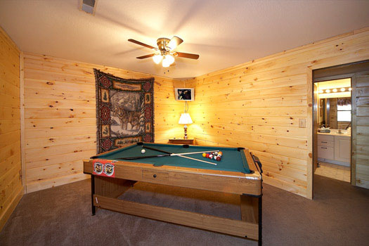 Game room with pool table at Raccoon's Rest, a 2 bedroom cabin rental located in Pigeon Forge