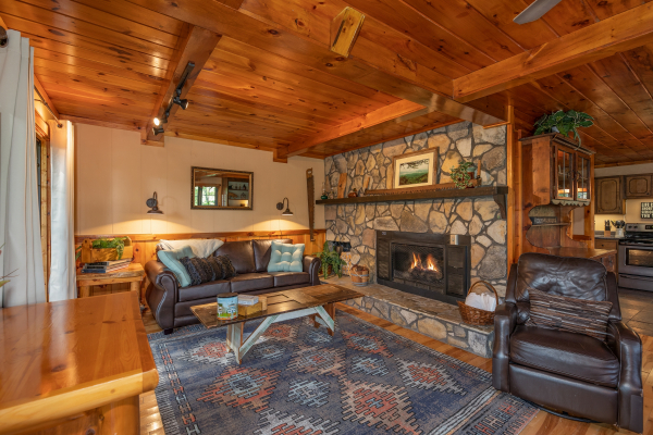 Fireplace, sofa, coffee table, and chair at Hidden Pleasure, a 1-bedroom cabin rental located in Gatlinburg