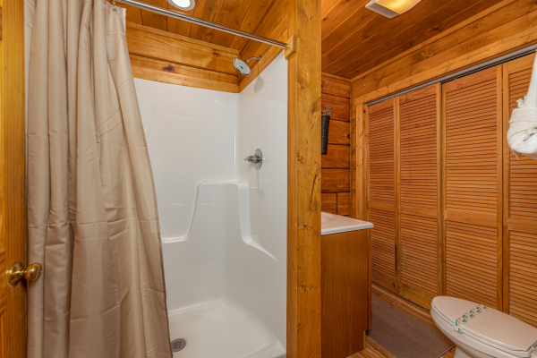 Bathroom with a large shower at Honeymoon in Gatlinburg, a 1 bedroom cabin rental located in Gatlinburg
