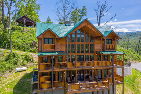 Back decks visible from the drone at Elk Horn Lodge, a 5 bedroom cabin rental located in Gatlinburg