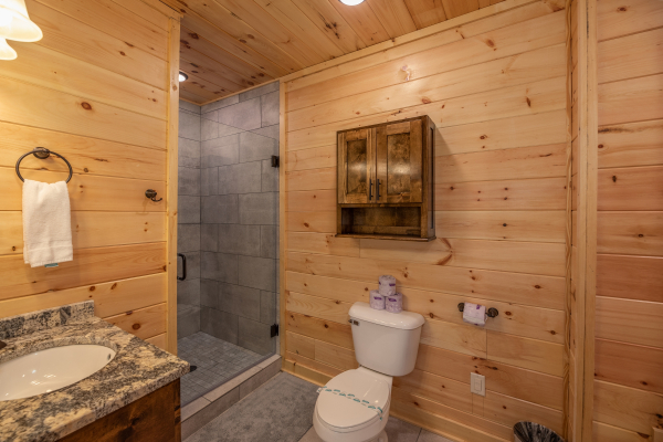 Bathroom with glassed shower at Elk Horn Lodge, a 5 bedroom cabin rental located in Gatlinburg