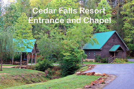 Resort entrance with chapel at God's Country, a 4-bedroom cabin rental located in Pigeon Forge